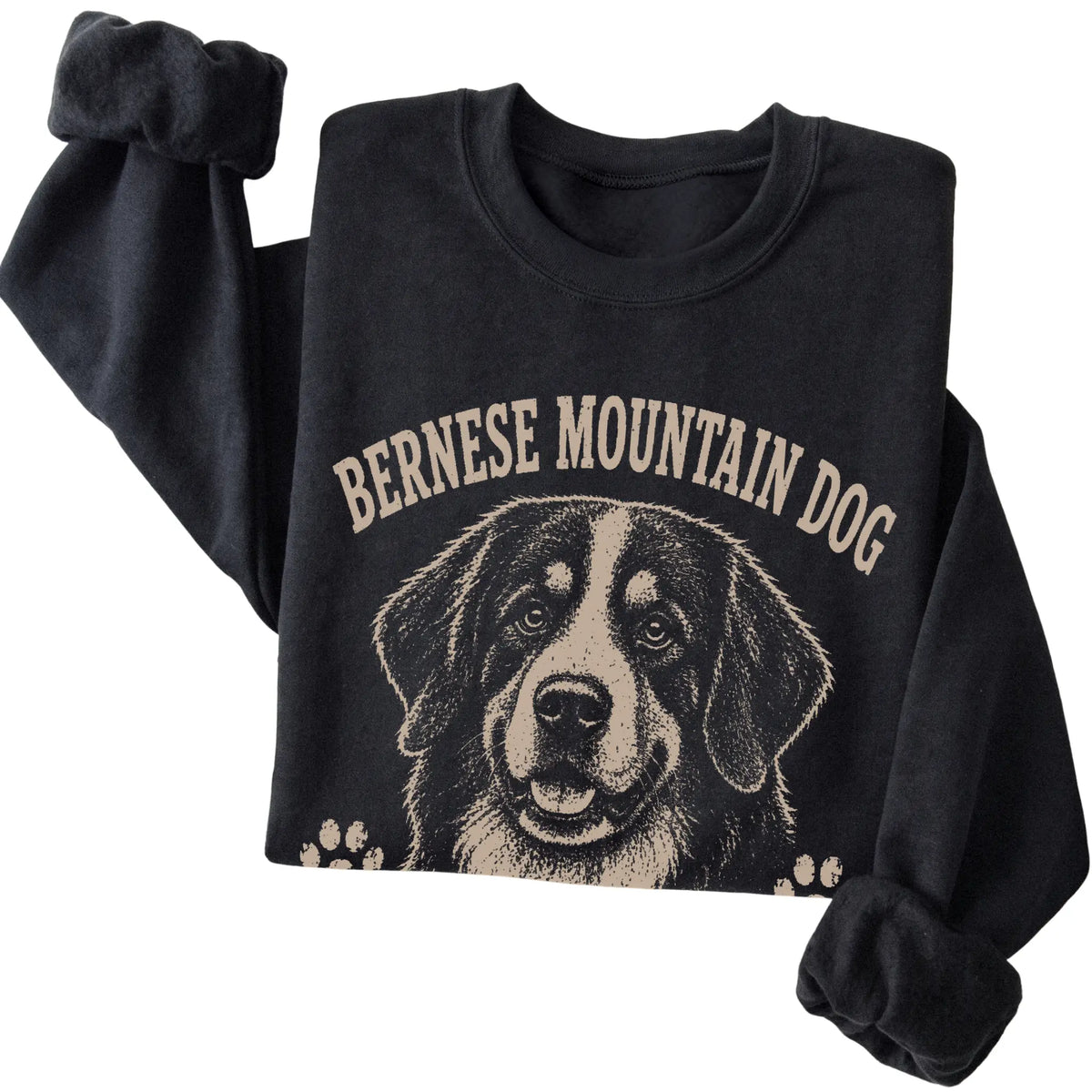Black crewneck sweatshirt featuring Big Softie, Mountain Strong - Bernese Mountain Dog, folded presentation