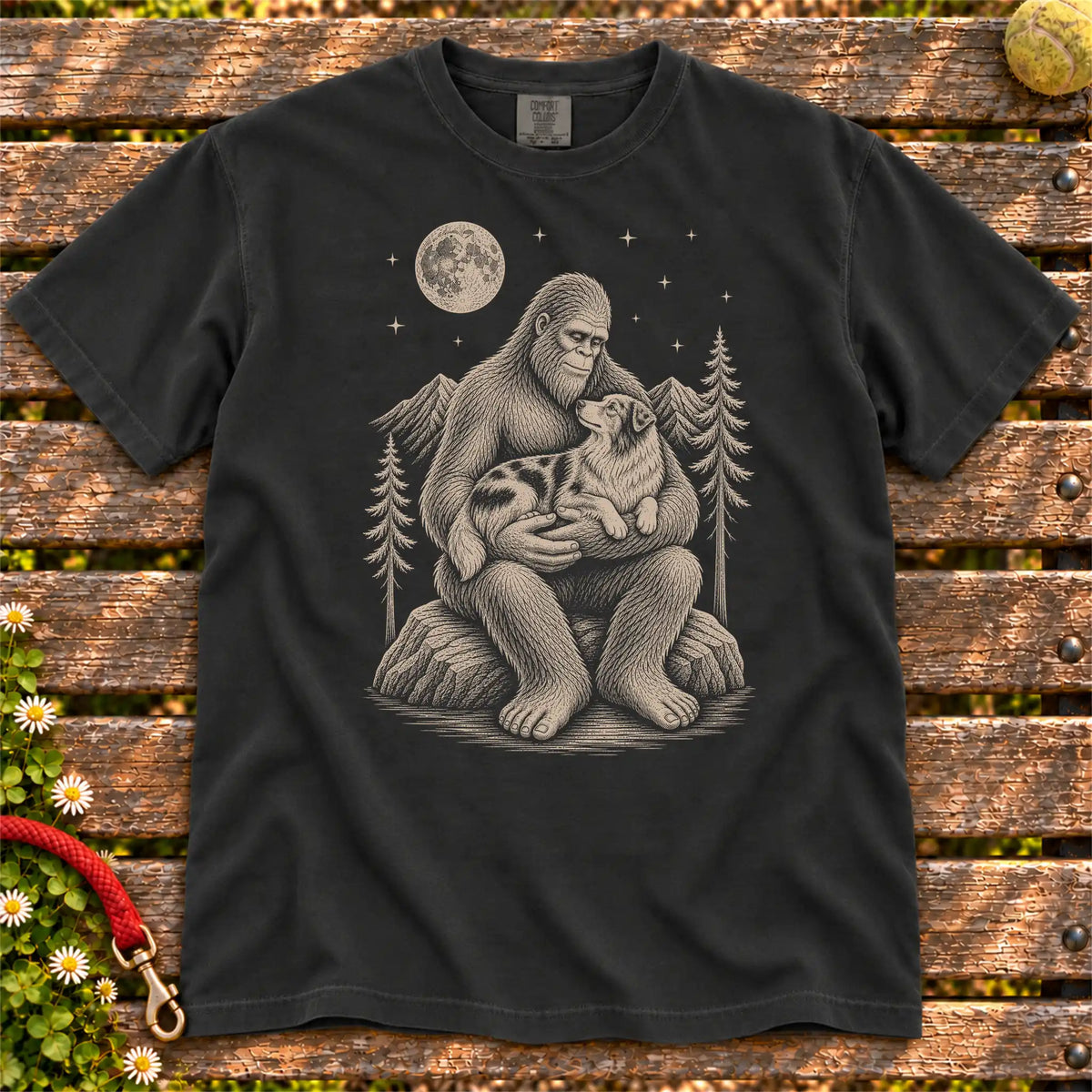 Australian Shepherd Bigfoot Holding on a Black T-shirt, shown flat