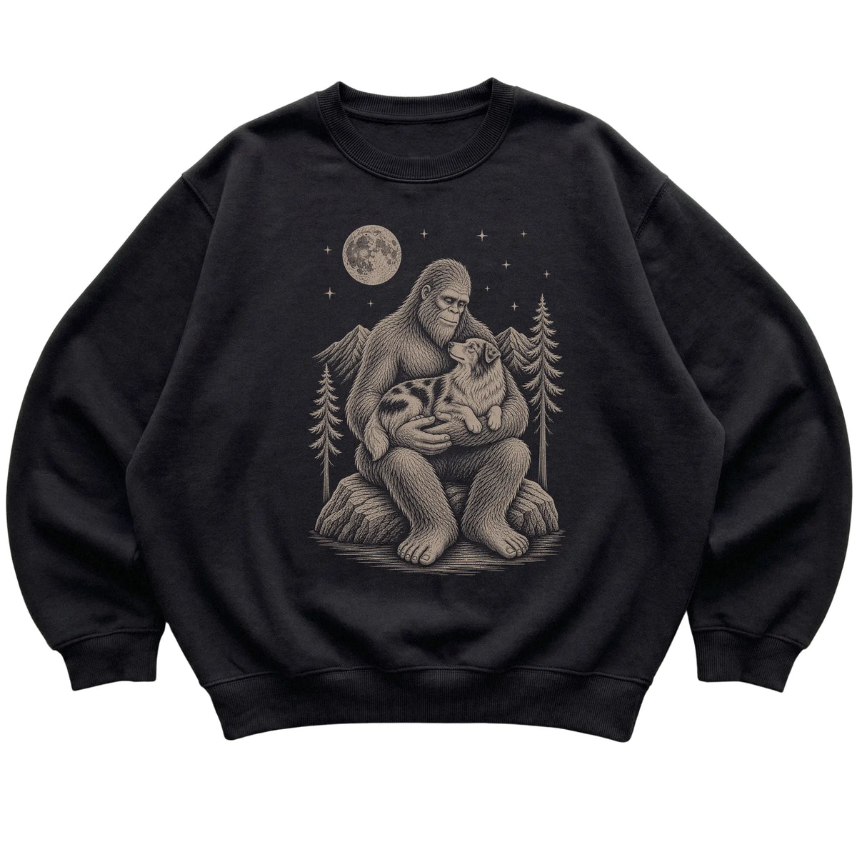 Black crewneck sweatshirt with Bigfoot holding an Australian Shepherd under a moonlit sky