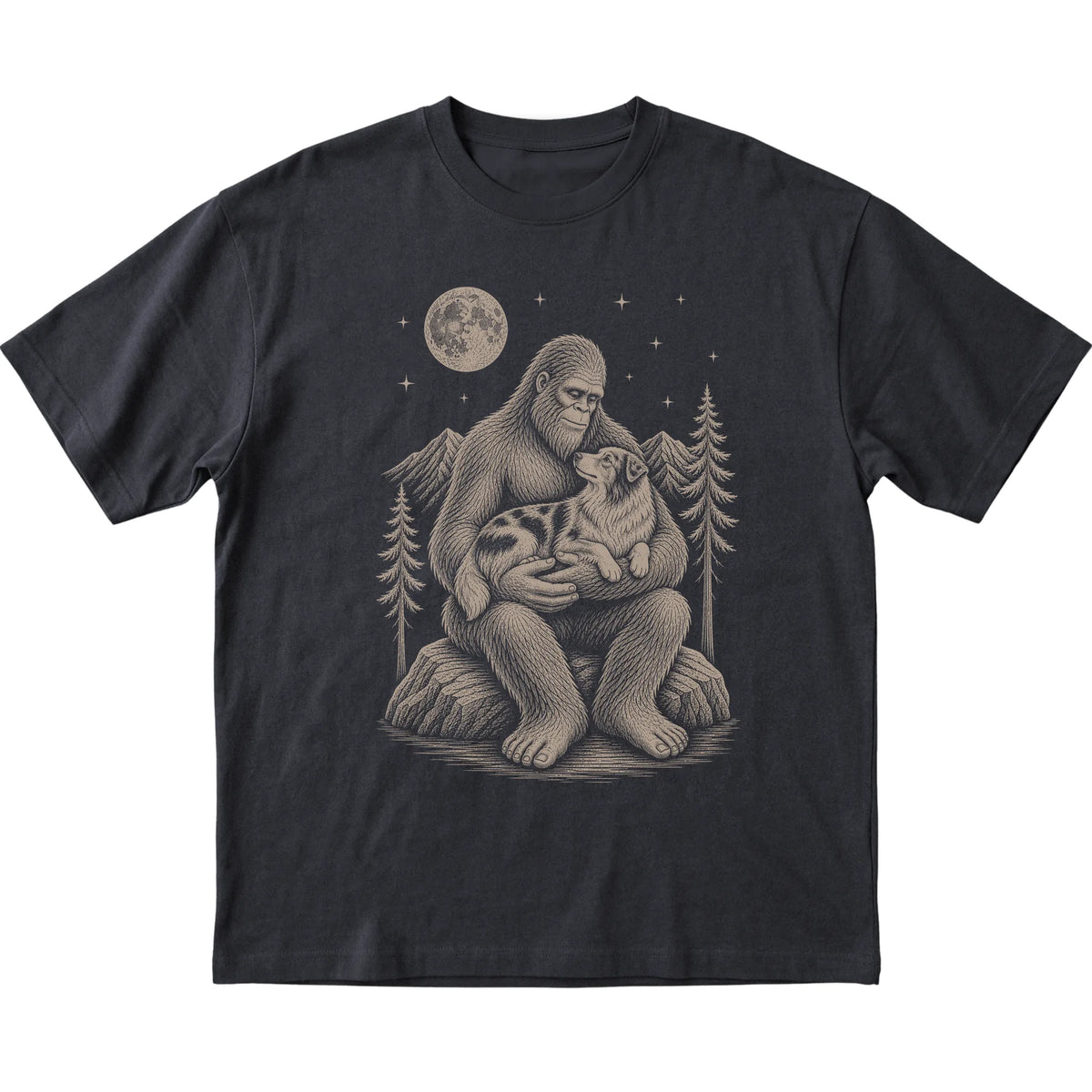 Black T-shirt with Bigfoot holding an Australian Shepherd under a moonlit sky