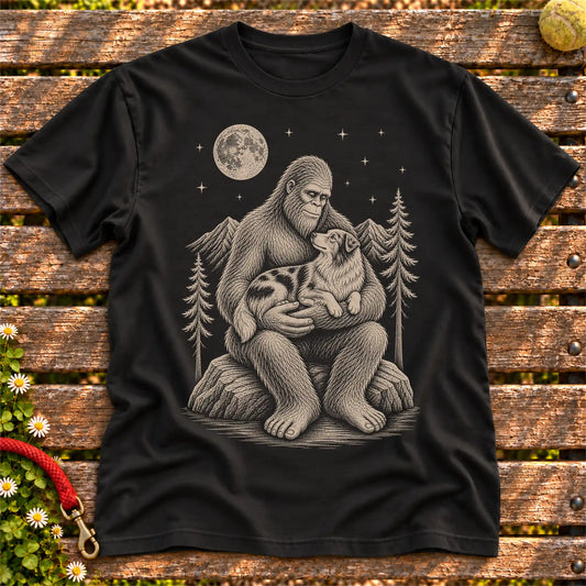 Australian Shepherd Bigfoot Holding on a Black T-shirt, shown flat