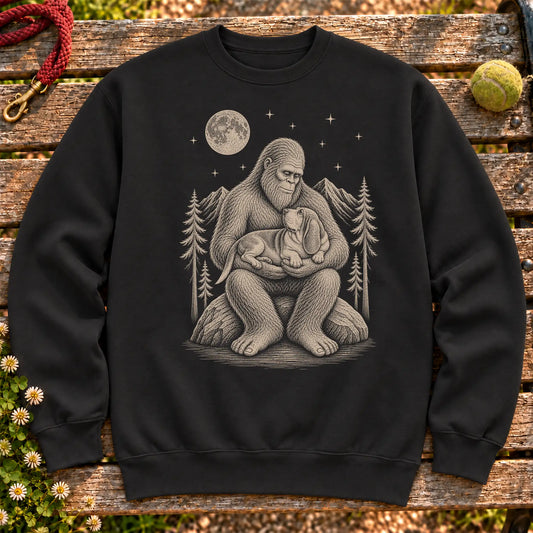 Basset Hound Bigfoot Holding on a Black crewneck sweatshirt, shown flat