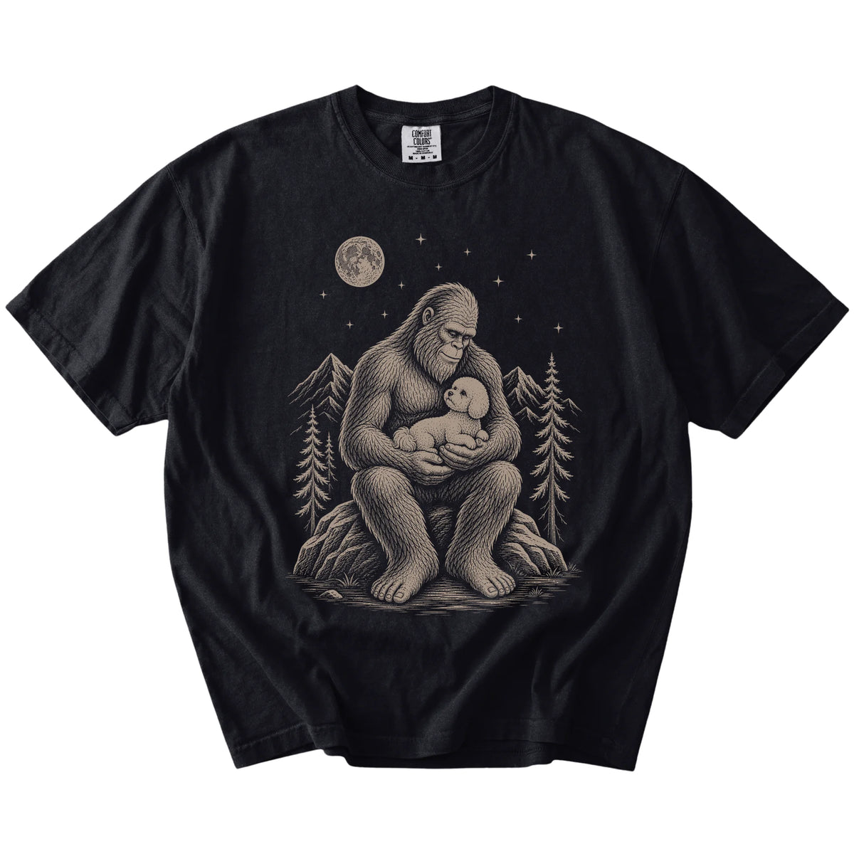 Bigfoot holding a Bichon Frise on a Black Comfort Colors® T-shirt