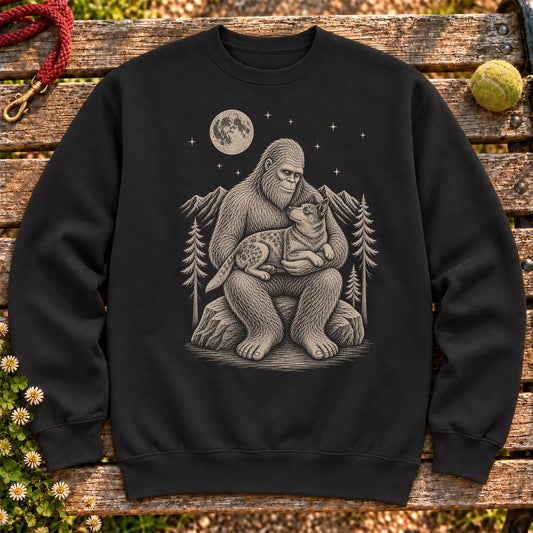 Blue Heeler Bigfoot Holding on a Black crewneck sweatshirt, shown flat
