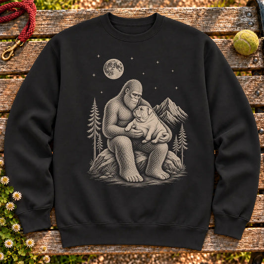 English Bulldog Bigfoot Holding on a Black crewneck sweatshirt, shown flat