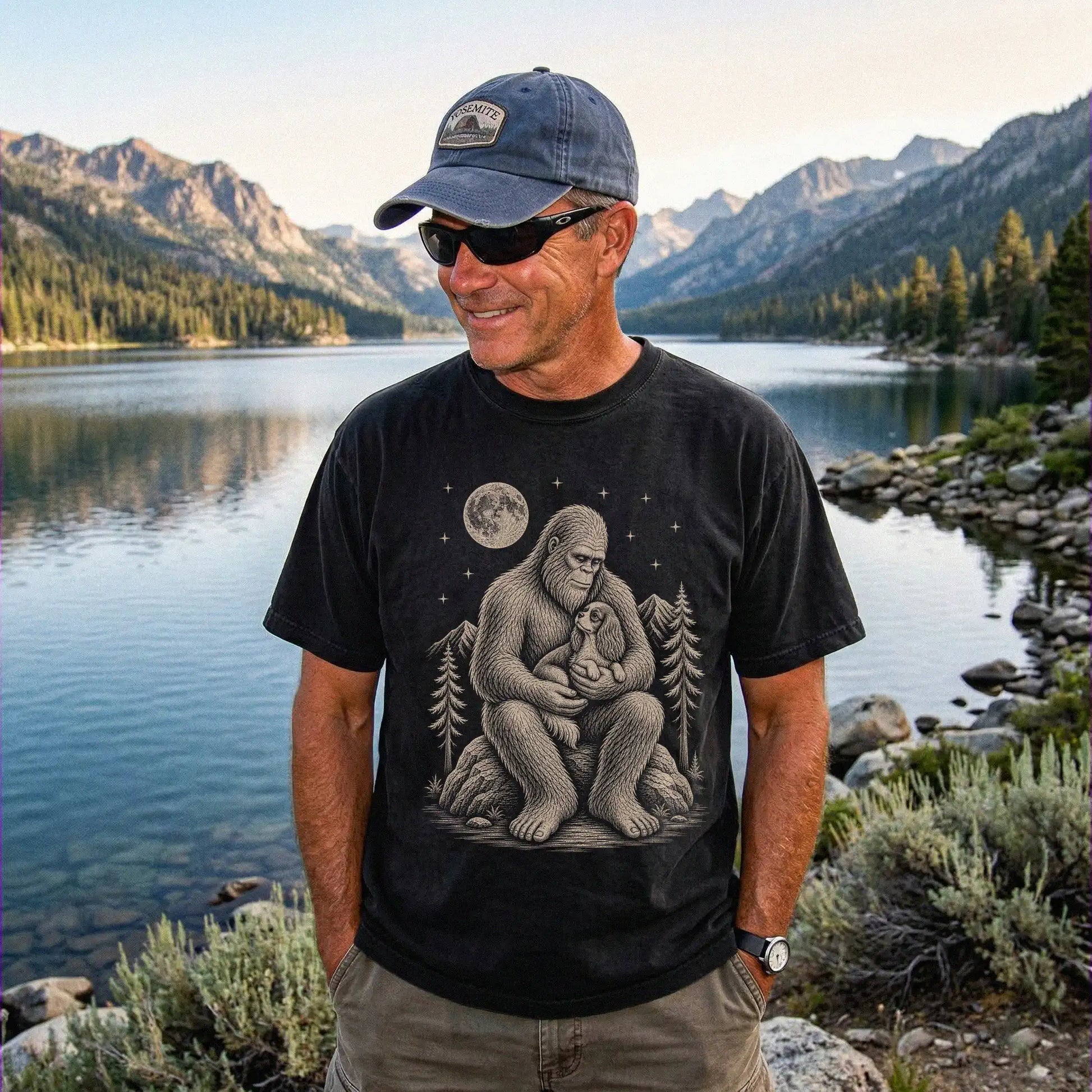 Model wearing a Black Comfort Colors® T-shirt showing Bigfoot holding a Cavalier King Charles Spaniel