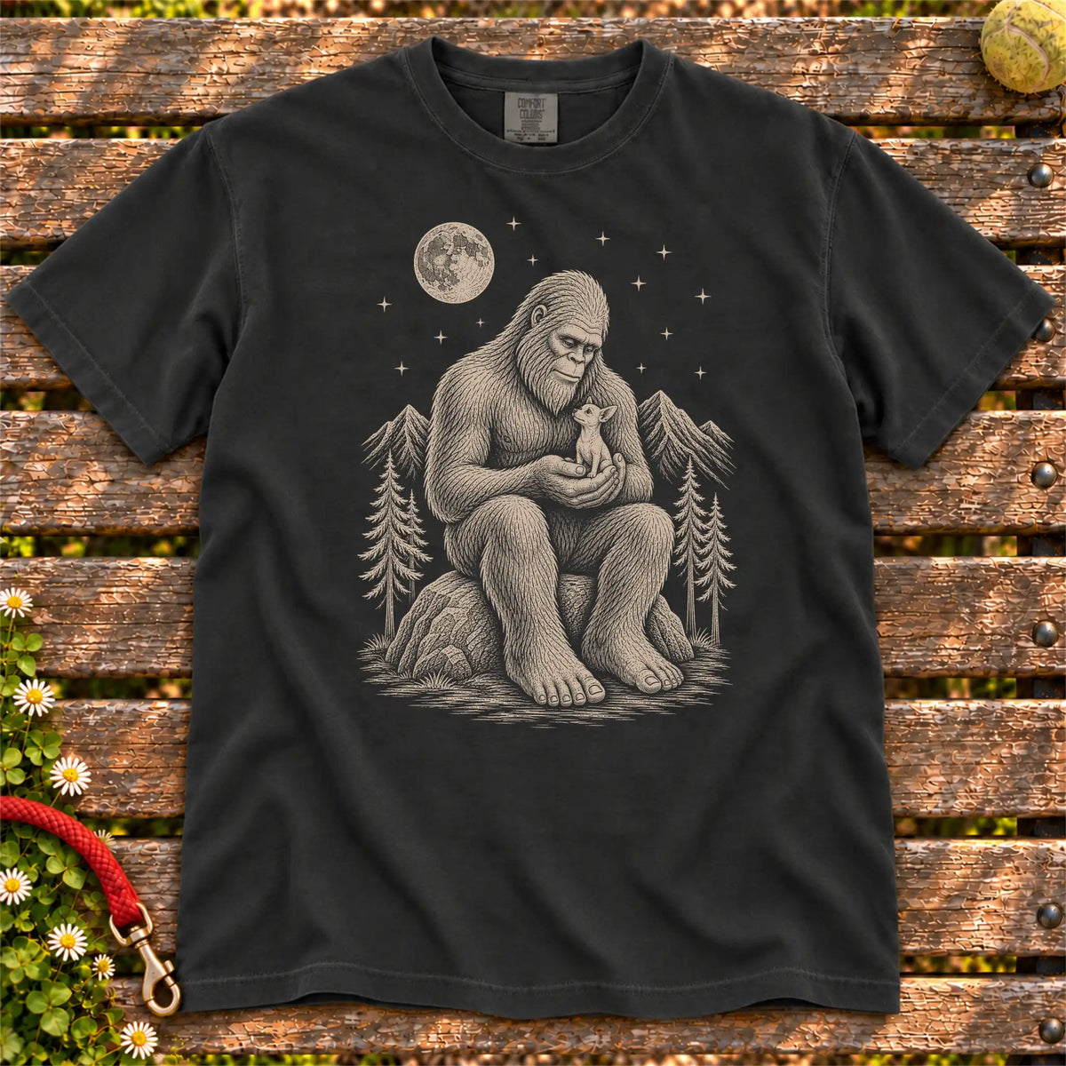 Chihuahua Bigfoot Holding on a Black T-shirt, shown flat