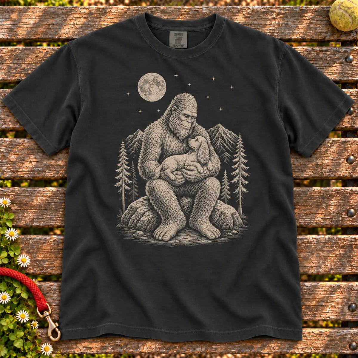 Cocker Spaniel Bigfoot Holding on a Black T-shirt, shown flat