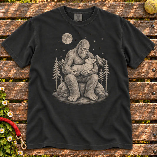 Corgi Bigfoot Holding on a Black T-shirt, shown flat