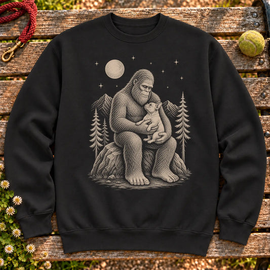 French Bulldog Bigfoot Holding on a Black crewneck sweatshirt, shown flat