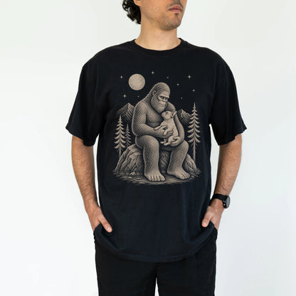 Model wearing a Black Comfort Colors® T-shirt showing Bigfoot holding a French Bulldog