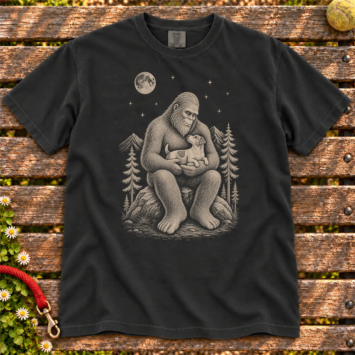 Jack Russell Bigfoot Holding on a Black T-shirt, shown flat