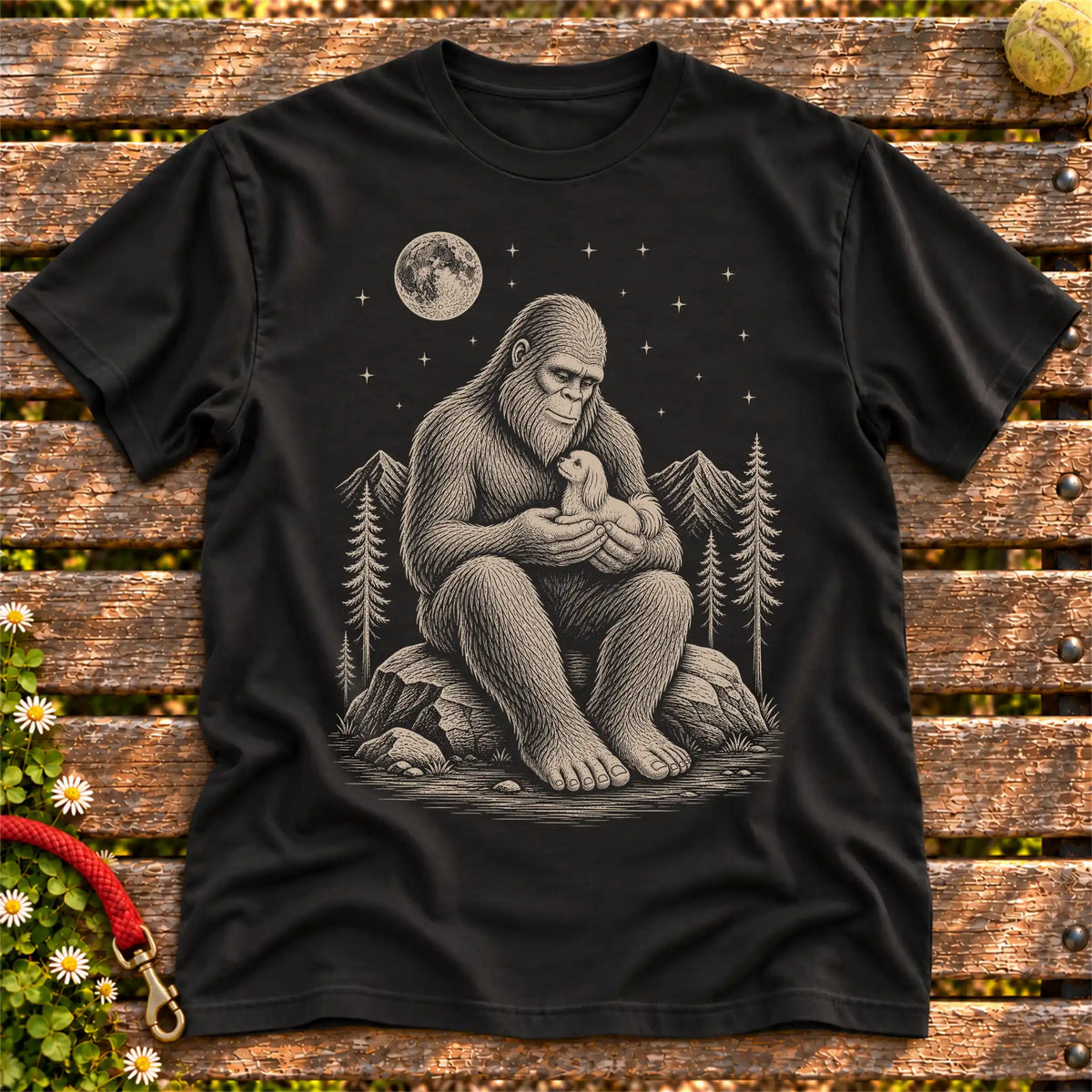 Maltese Bigfoot Holding on a Black T-shirt, shown flat