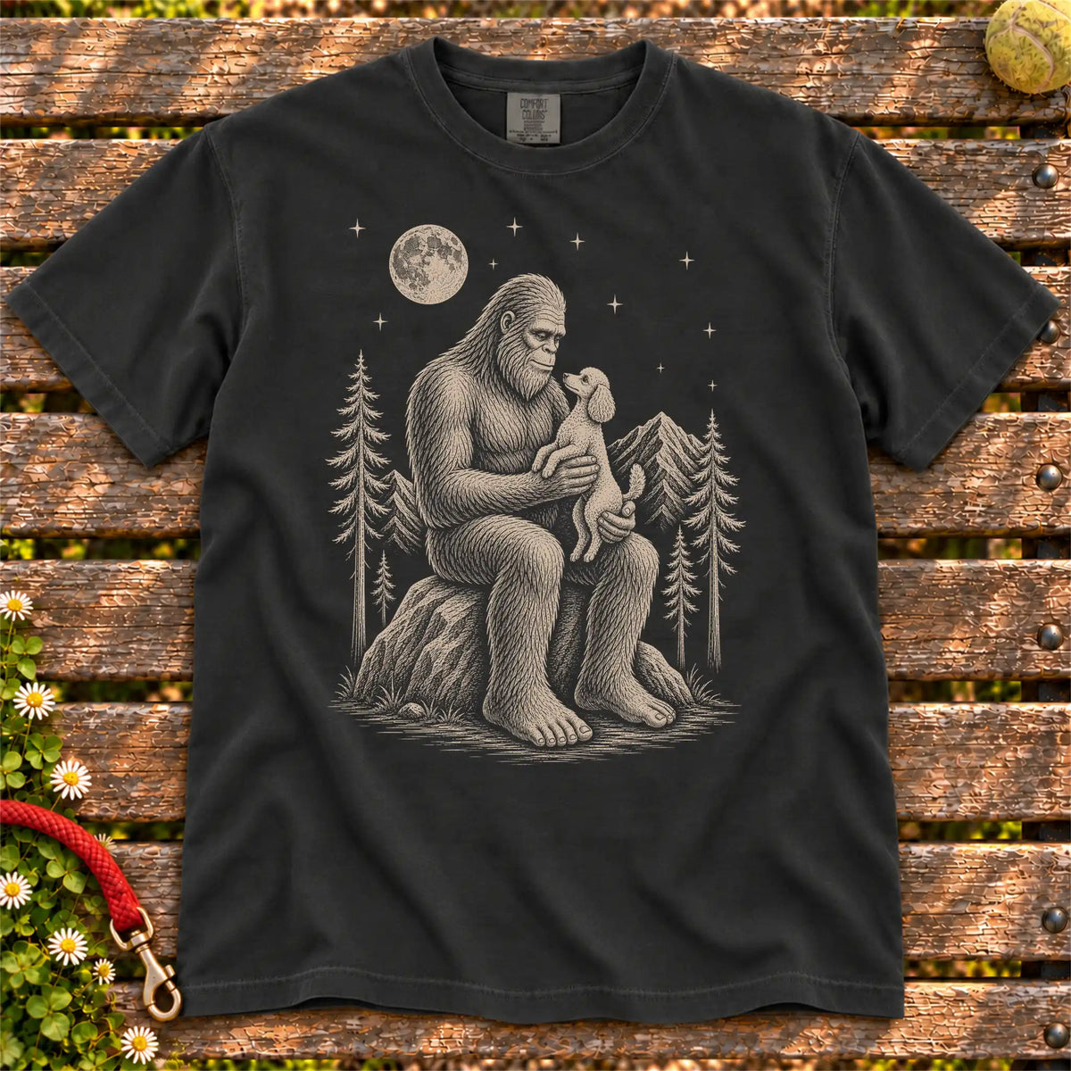 Poodle Bigfoot Holding on a Black T-shirt, shown flat