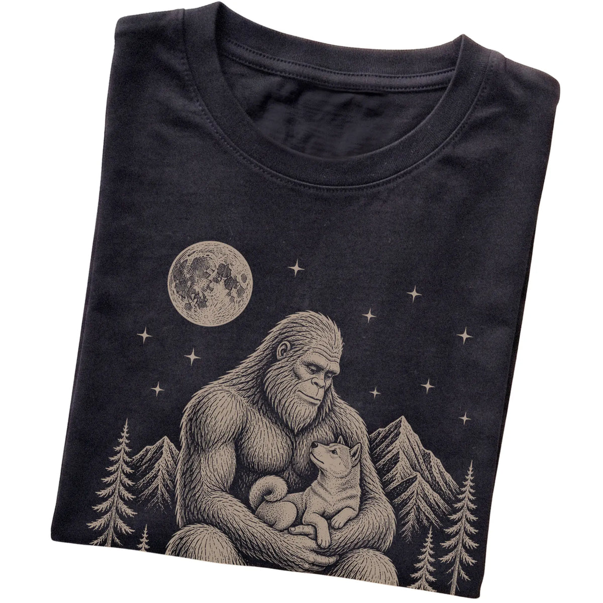 Folded Bigfoot and Shiba Inu T-Shirt in Black