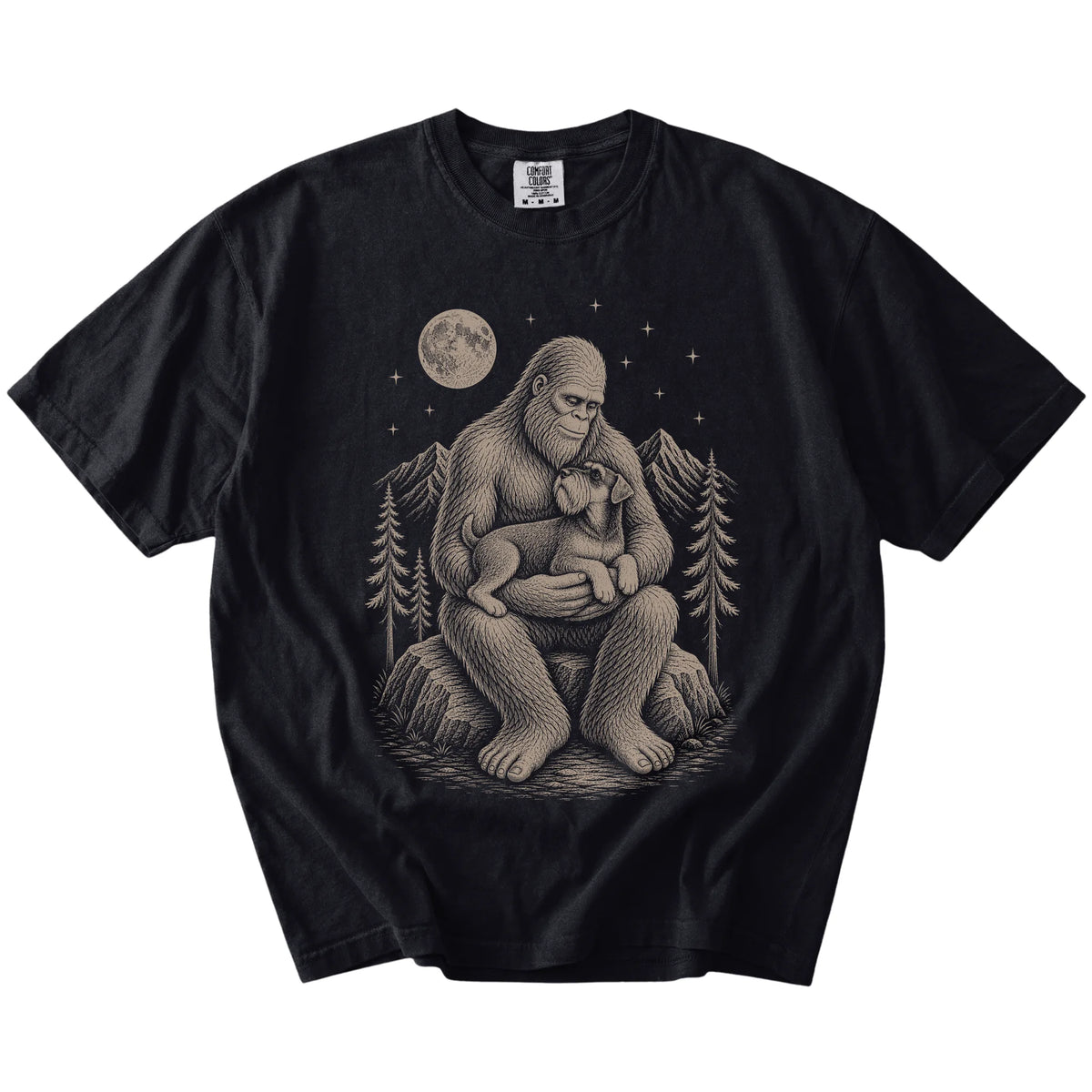Bigfoot holding a Standard Schnauzer on a Black Comfort Colors® T-shirt