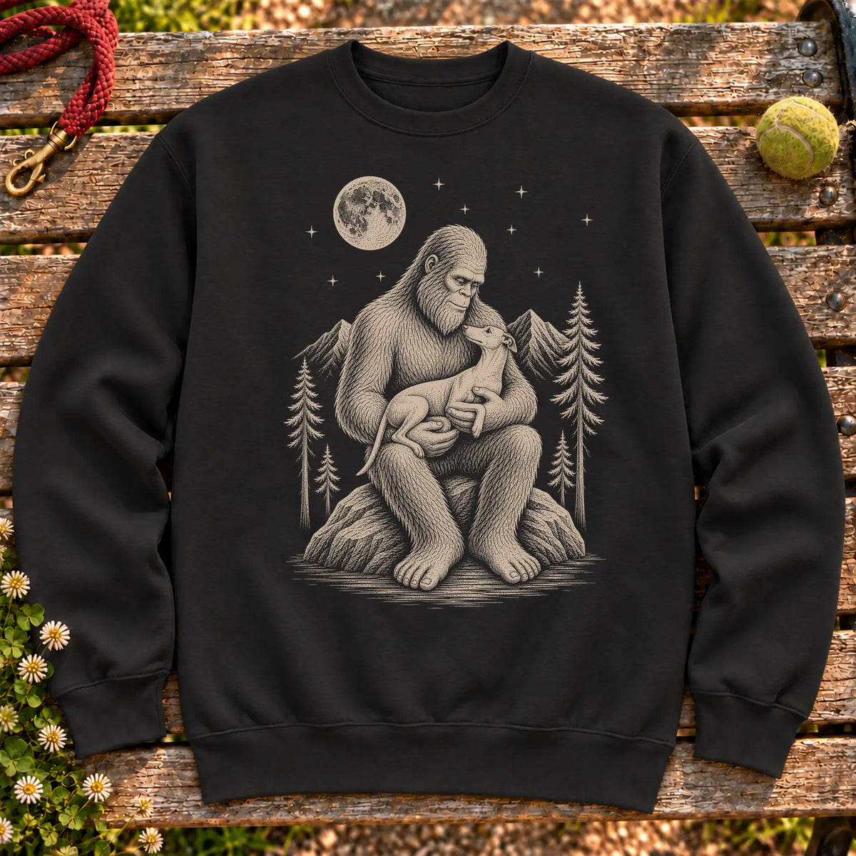 Whippet Bigfoot Holding on a Black crewneck sweatshirt, shown flat