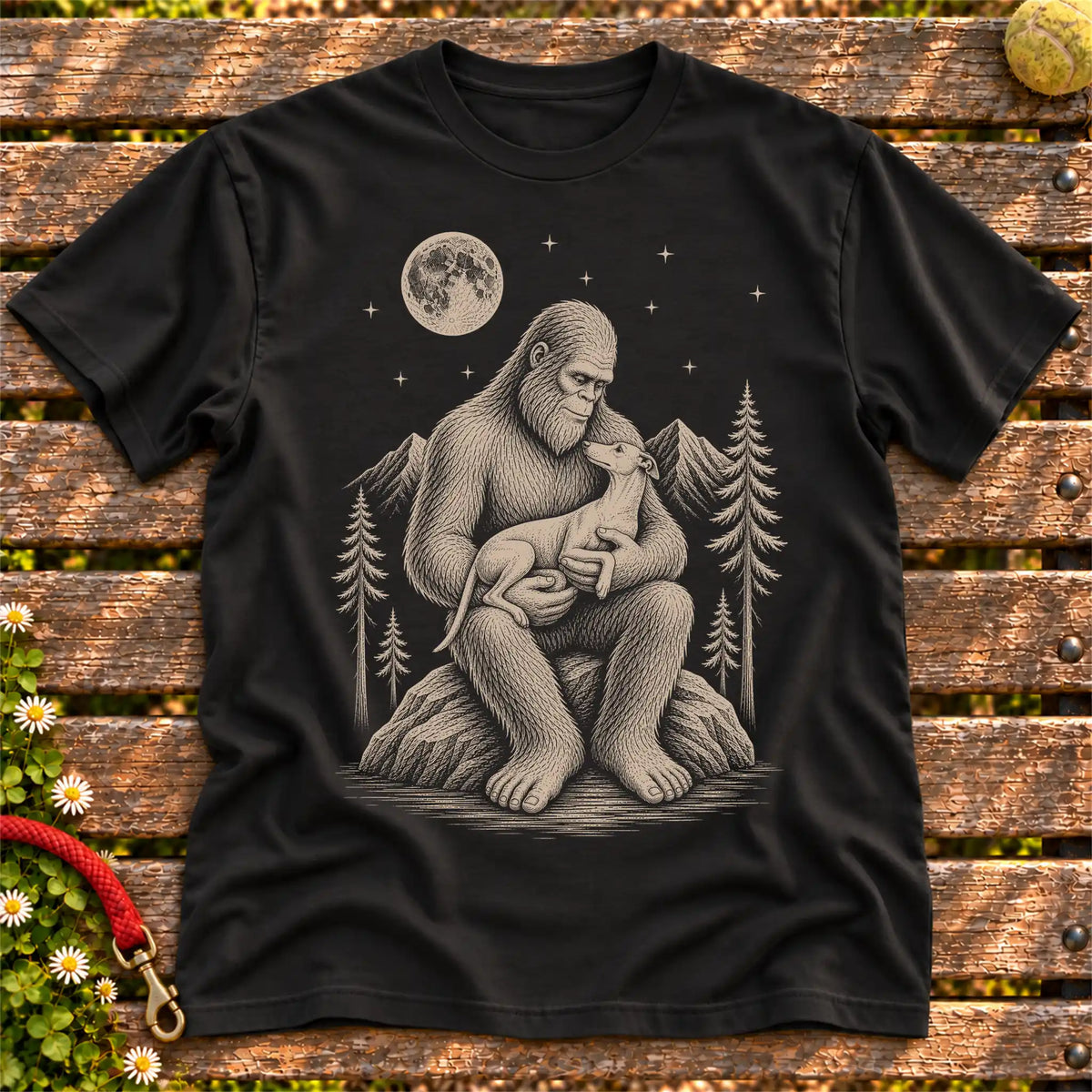 Whippet Bigfoot Holding on a Black T-shirt, shown flat