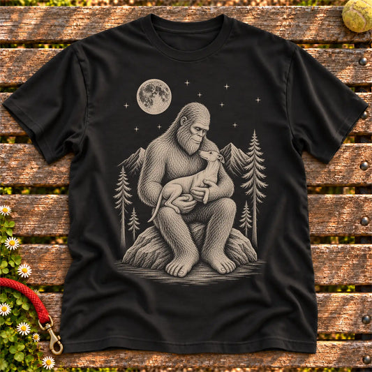 Whippet Bigfoot Holding on a Black T-shirt, shown flat