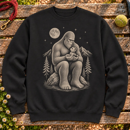 Yorkie Bigfoot Holding on a Black crewneck sweatshirt, shown flat