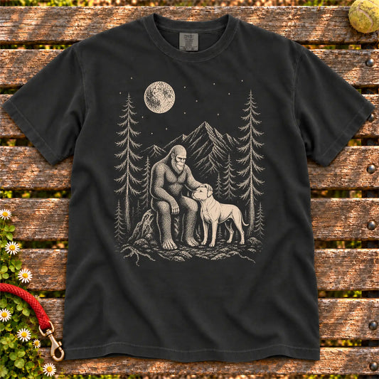 American Bulldog Bigfoot Petting on a Black T-shirt, shown flat