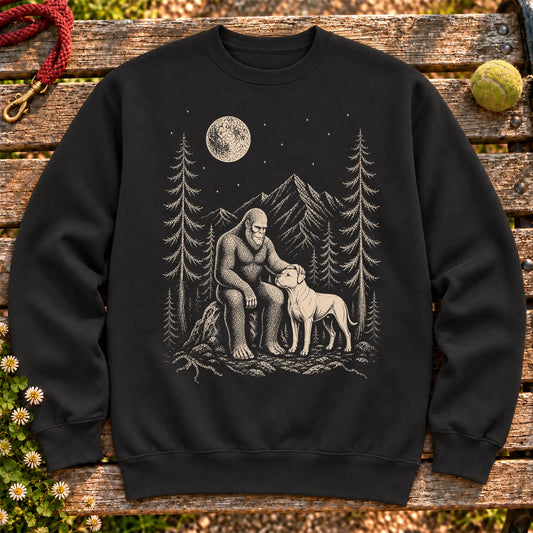 American Bulldog Bigfoot Petting on a Black crewneck sweatshirt, shown flat