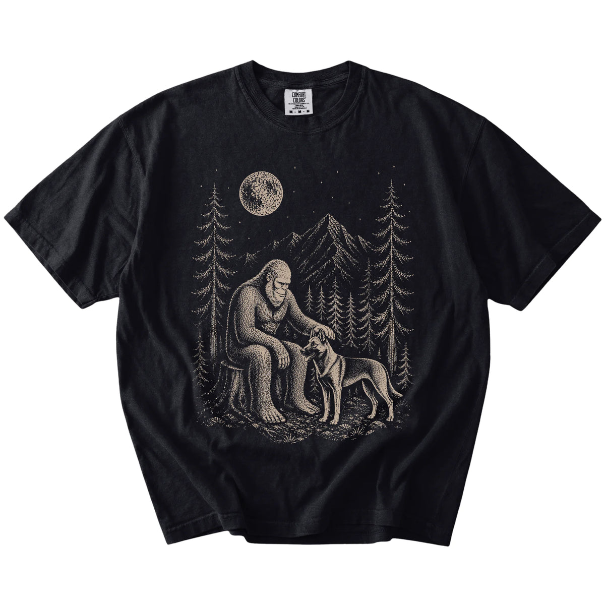 Bigfoot petting a Belgian Malinois beneath the moon in a pine forest on a Black Comfort Colors® T-shirt