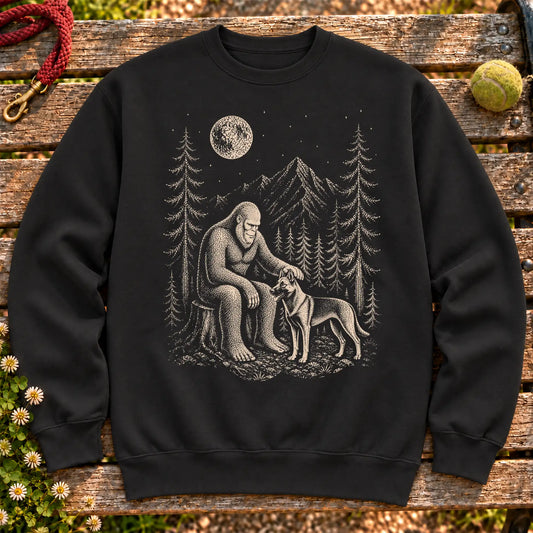 Belgian Malinois Bigfoot Petting on a Black crewneck sweatshirt, shown flat