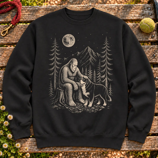 Bernese Mountain Dog Bigfoot Petting on a Black crewneck sweatshirt, shown flat