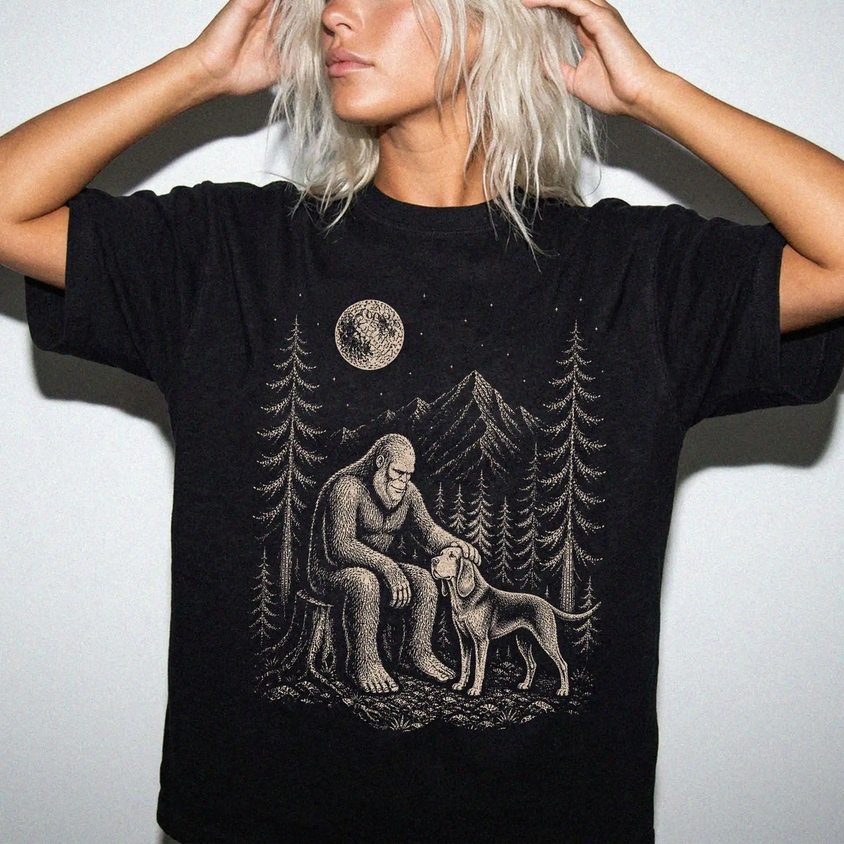 Person wearing the Bloodhound and Bigfoot T-Shirt in Black