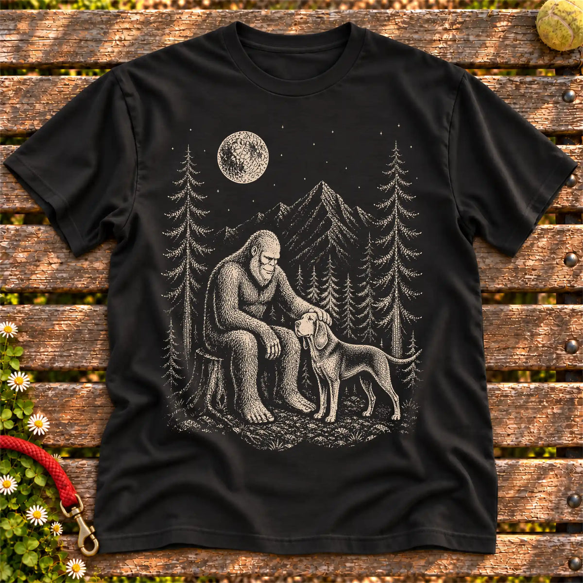 Bloodhound Bigfoot Petting on a Black T-shirt, shown flat