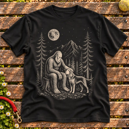 Bloodhound Bigfoot Petting on a Black T-shirt, shown flat