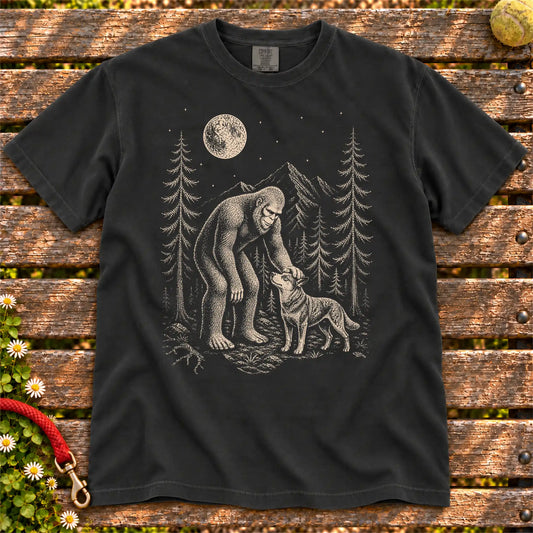 Blue Heeler Bigfoot Petting on a Black T-shirt, shown flat