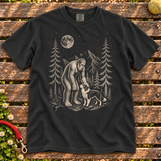 Border Collie Bigfoot Petting on a Black T-shirt, shown flat
