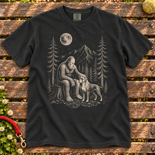 Boxer Bigfoot Petting on a Black T-shirt, shown flat