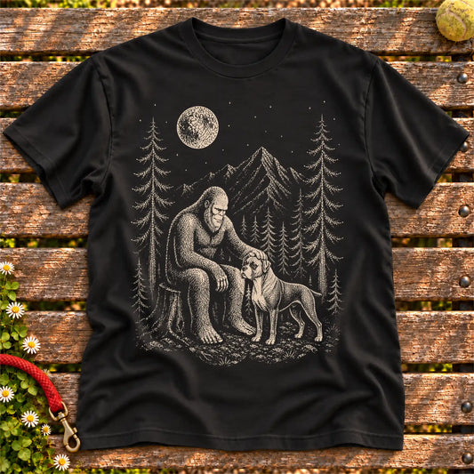 Boxer Bigfoot Petting on a Black T-shirt, shown flat