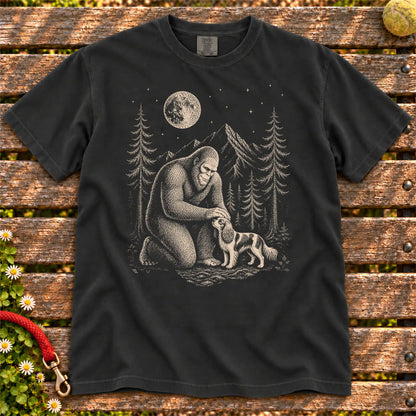 Cavalier King Charles Spaniel Bigfoot Petting on a Black T-shirt, shown flat