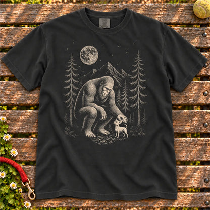 Chihuahua Bigfoot Petting on a Black T-shirt, shown flat