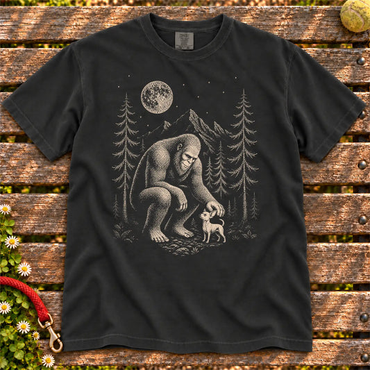 Chihuahua Bigfoot Petting on a Black T-shirt, shown flat