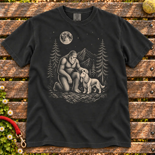 Cocker Spaniel Bigfoot Petting on a Black T-shirt, shown flat