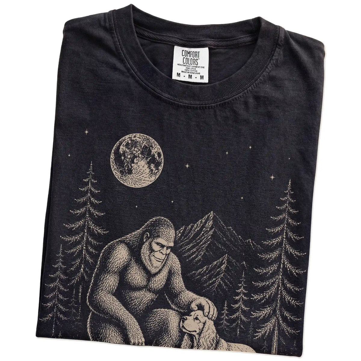 Folded Cocker Spaniel and Bigfoot T-Shirt in Black