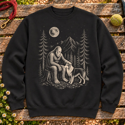 Collie Bigfoot Petting on a Black crewneck sweatshirt, shown flat