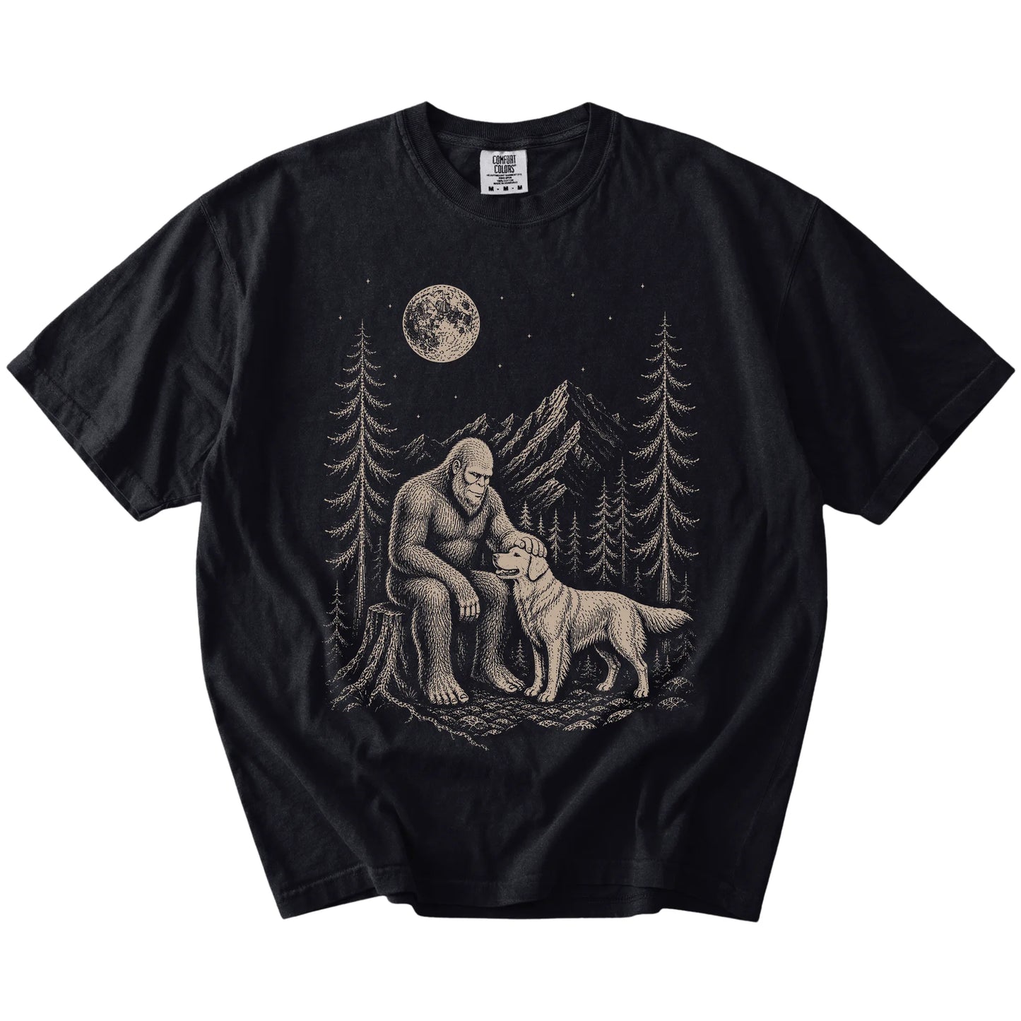 Bigfoot petting a Golden Retriever beneath the moon in a pine forest on a Black Comfort Colors® T-shirt