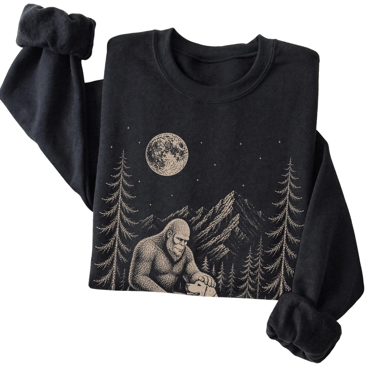 Folded Golden Retriever and Bigfoot Sweatshirt in Black