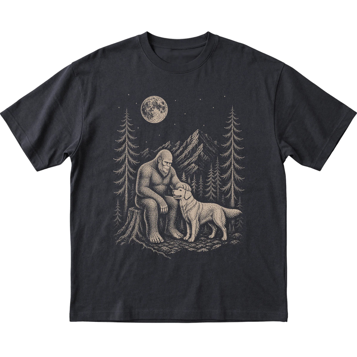 Golden Retriever and Bigfoot T-Shirt in Black