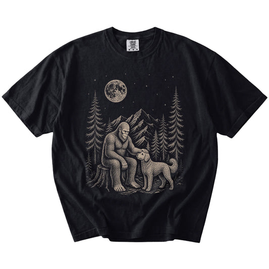 Goldendoodle and Bigfoot T-Shirt in Black