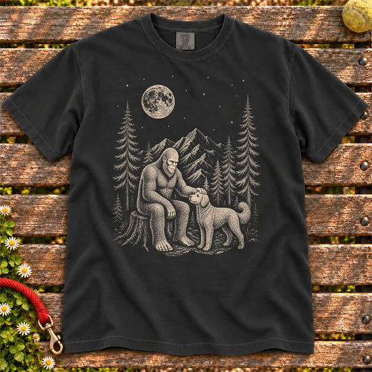 Goldendoodle Bigfoot Petting on a Black T-shirt, shown flat