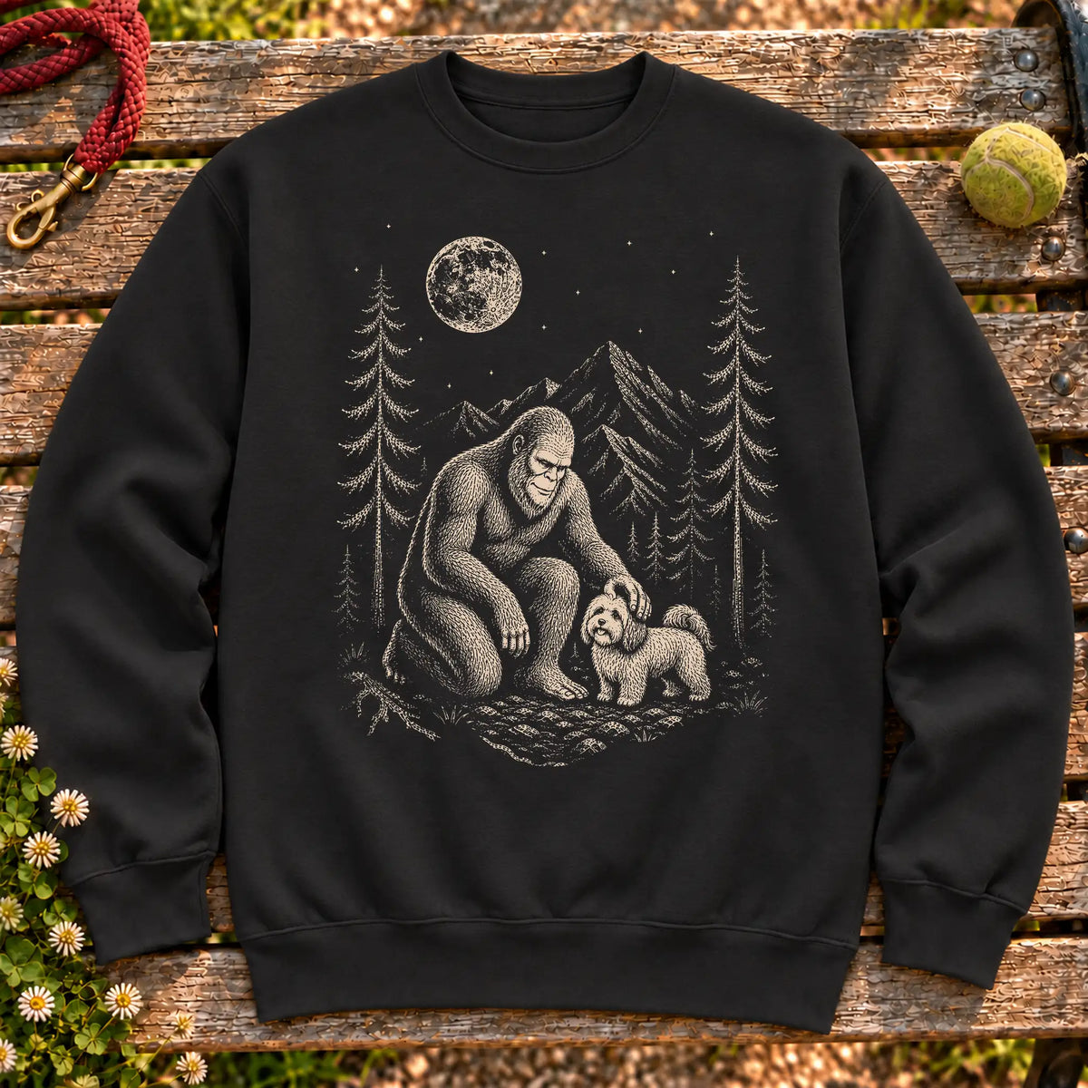 Havanese Bigfoot Petting on a Black crewneck sweatshirt, shown flat