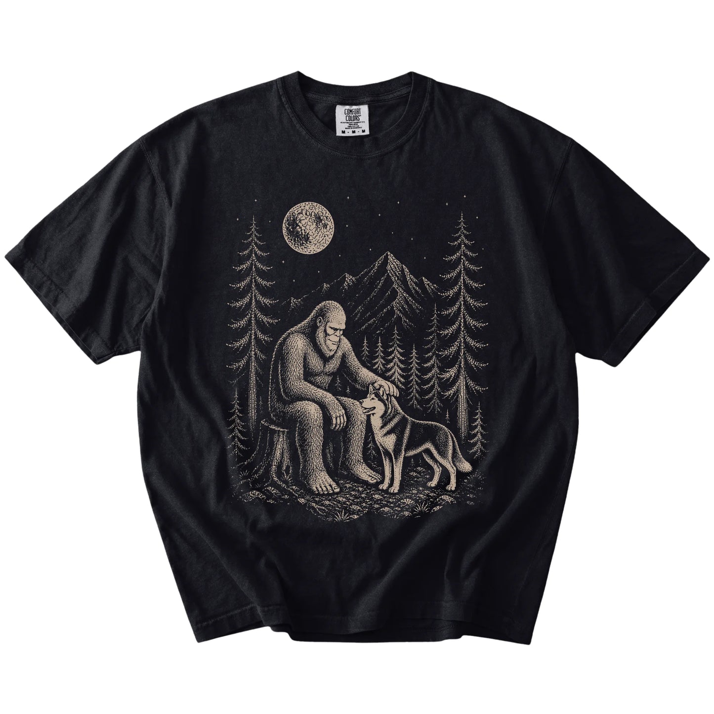 Bigfoot petting a Husky beneath the moon in a pine forest on a Black Comfort Colors® T-shirt