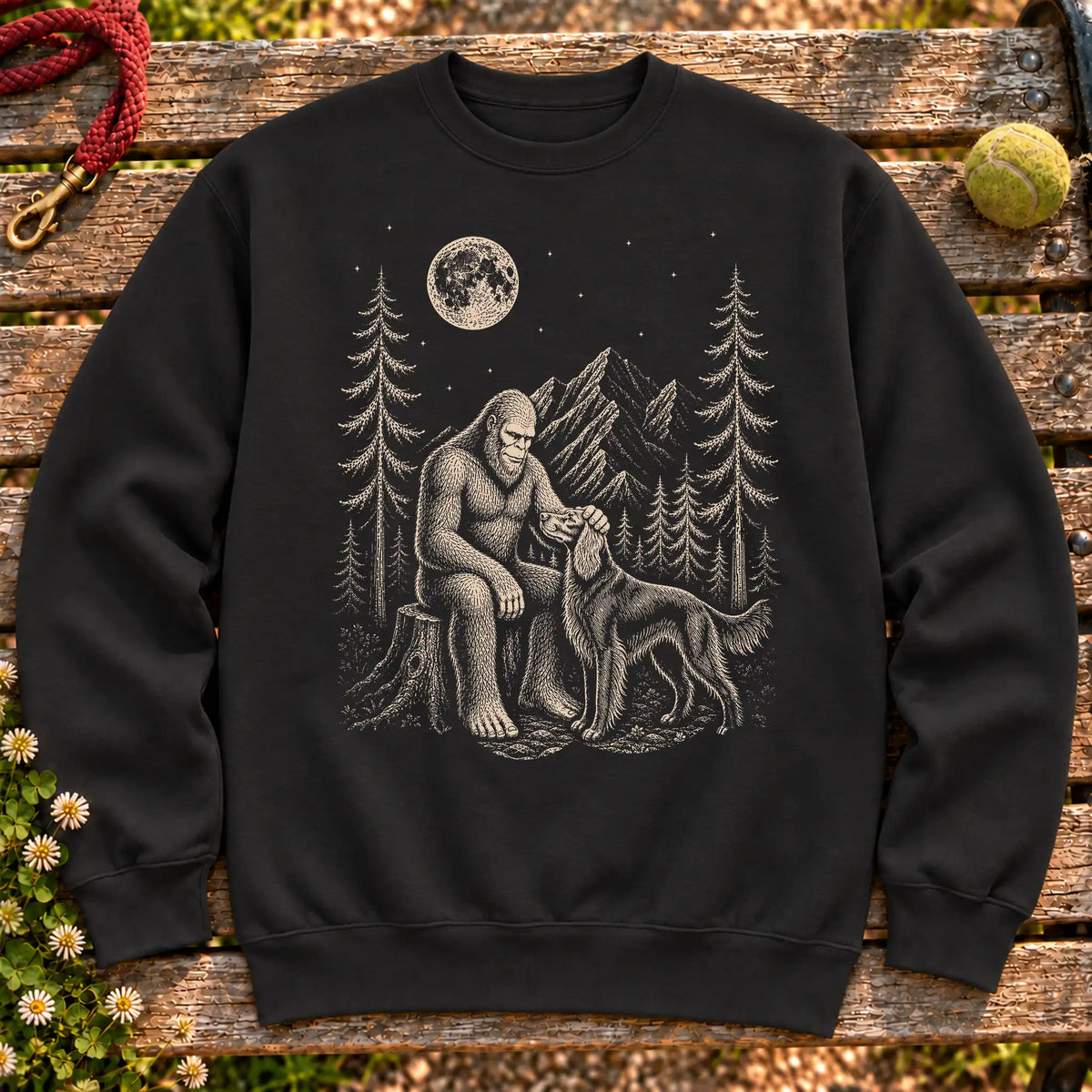 Irish Setter Bigfoot Petting on a Black crewneck sweatshirt, shown flat